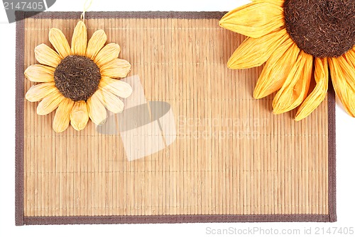 Image of sunflower decoration on wooden table setting background