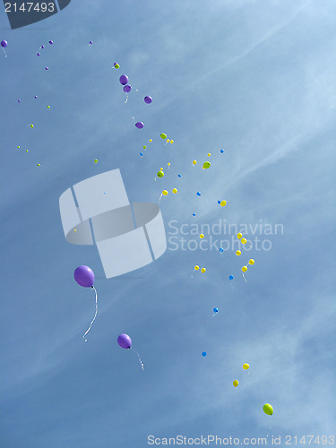 Image of Color balloons flying away to the sky