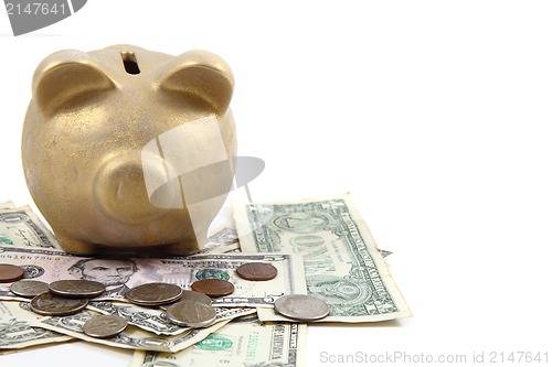 Image of gold pig bank and dollars 