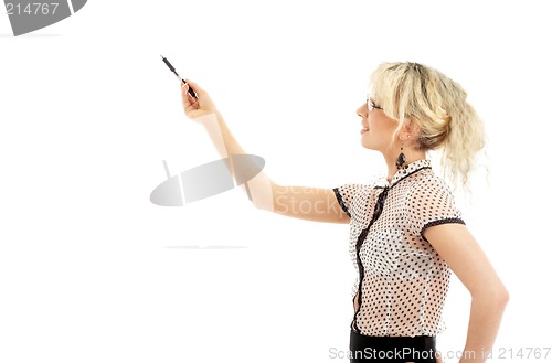 Image of energetic businesswoman with pen