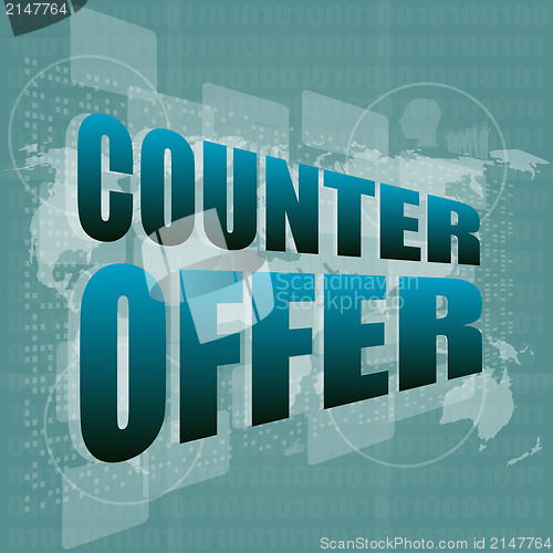 Image of counter offer words on digital screen background with world map