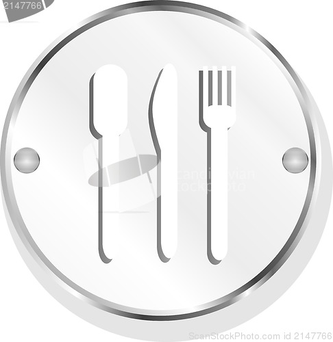 Image of metal icon with spoon, knife and fork on button