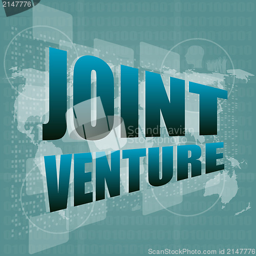 Image of joint venture words on digital screen background with world map