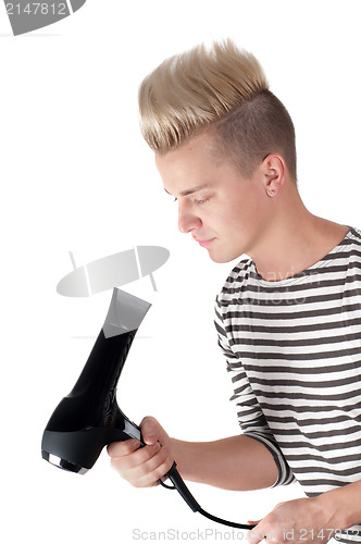 Image of Portrait of handsome man with black hairdryer