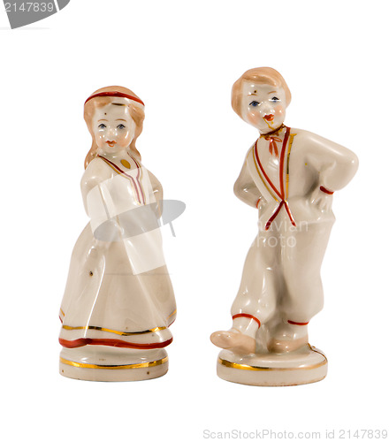 Image of two ceramic toy decor dancers boy girl on white 