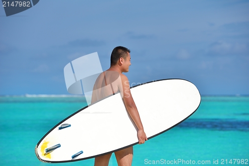 Image of Man with surf board on beach
