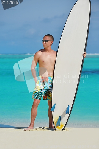Image of Man with surf board on beach
