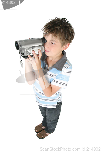 Image of Standing boy using a digital video camera