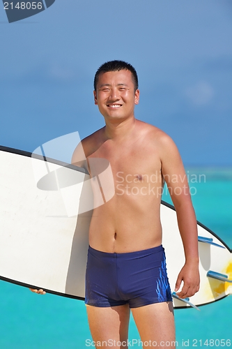 Image of Man with surf board on beach