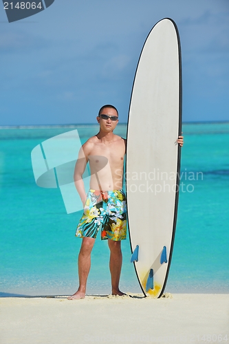 Image of Man with surf board on beach