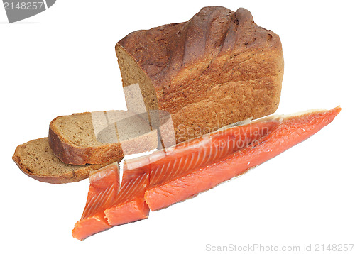 Image of black bread and red fish isolated on white background