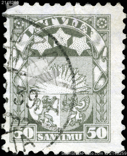 Image of LATVIA - CIRCA 1923: A stamp printed in Latvia shows Latvian Coa