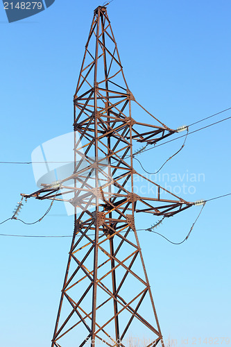 Image of high voltage post against the blue sky