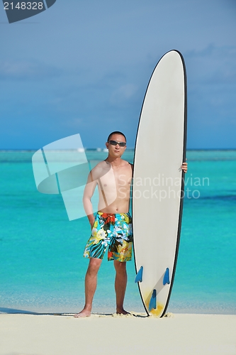 Image of Man with surf board on beach