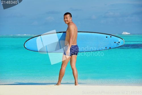 Image of Man with surf board on beach