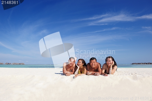Image of group of happy young people have fun on bach