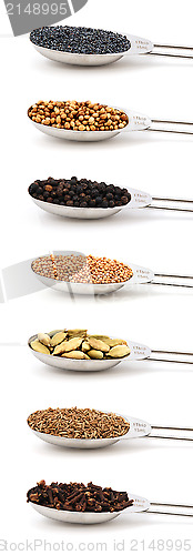 Image of Herbs and spices measured in metal tablespoons