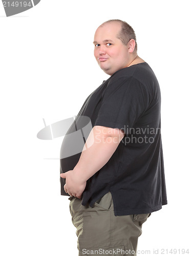 Image of Fat Man Standing in Profile and Holding her Belly