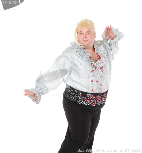 Image of Crazy funny fat man posing wearing a blonde wig