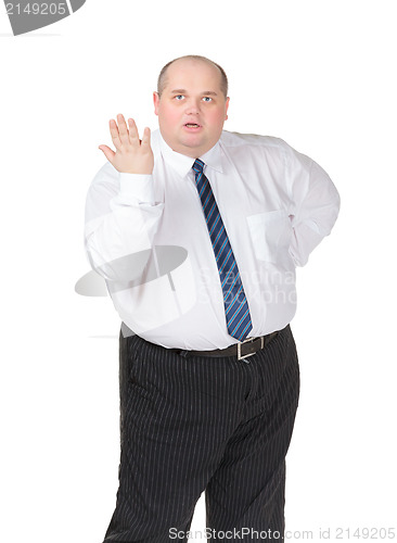 Image of Obese businessman making gesturing