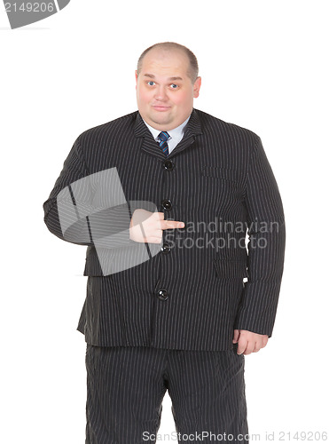 Image of Obese businessman making gesturing