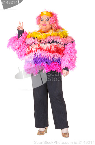 Image of Cheerful man, Drag Queen, in a Female Suit