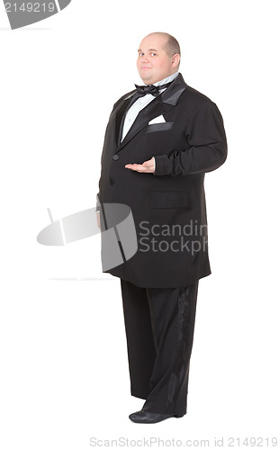 Image of Elegant fat man in a bow tie pointing