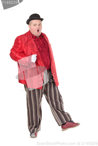 Image of Obese man in a red costume and bowler hat