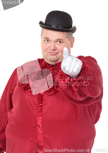 Image of Obese man in a red costume and bowler hat