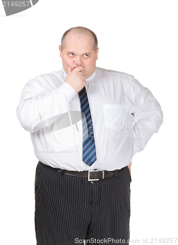 Image of Obese businessman making gesturing