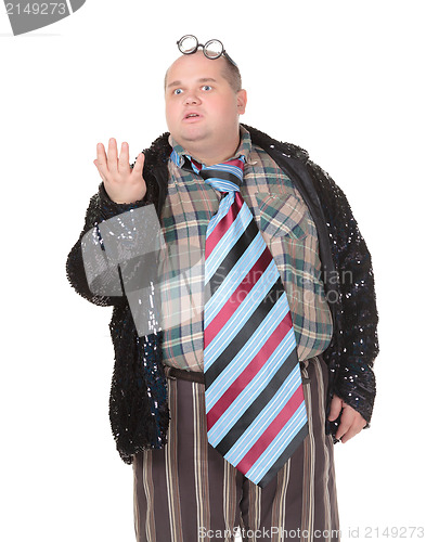 Image of Obese man with an outrageous fashion sense