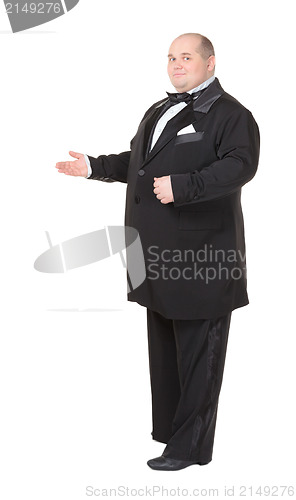 Image of Elegant fat man in a bow tie pointing