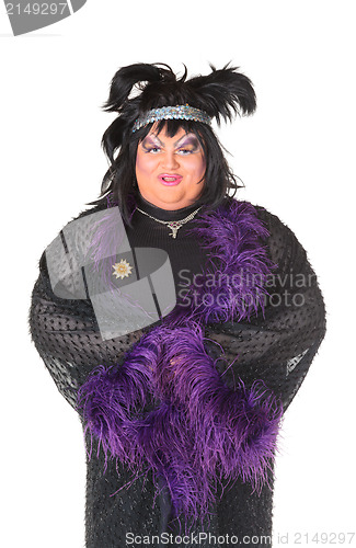 Image of Cheerful man, Drag Queen, in a Female Suit