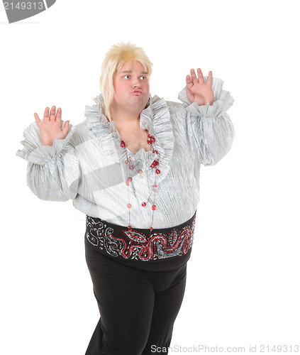 Image of Crazy funny fat man posing wearing a blonde wig