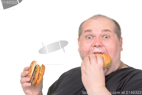 Image of Fat Man Greedily Eating Hamburger