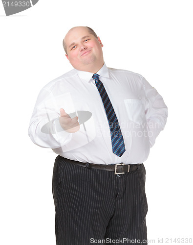 Image of Obese businessman making gesturing