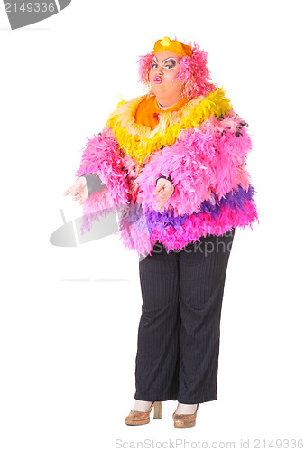 Image of Cheerful man, Drag Queen, in a Female Suit