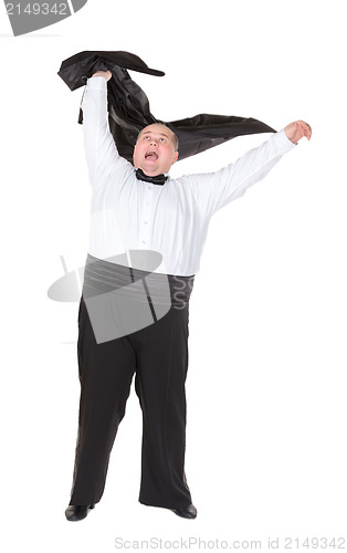 Image of Very overweight cheerful businessman, on white background