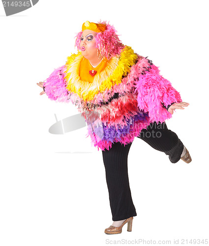 Image of Cheerful man, Drag Queen, in a Female Suit