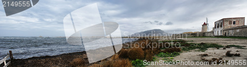 Image of Panorma whit old windmill and sea at Trapani- Sicily