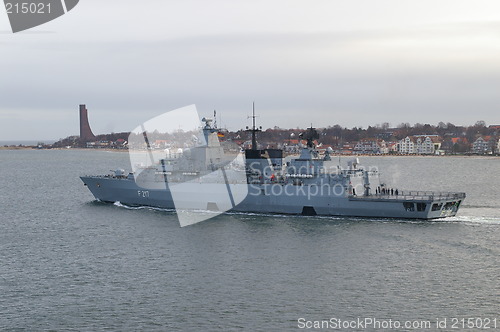 Image of German navy ship passing Laboe in Holstein.