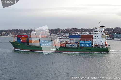 Image of Container ship passing Laboe in Holstein in Germany.