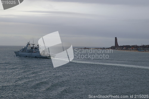 Image of German naval ship passing Laboe