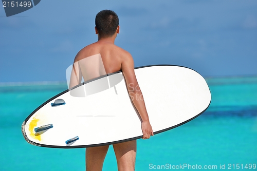 Image of Man with surf board on beach