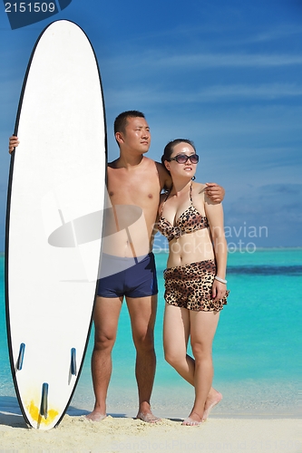 Image of happy young  couple enjoying summer on beach