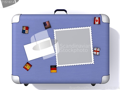 Image of illustration of a light blue suitcase covered in travel stickers