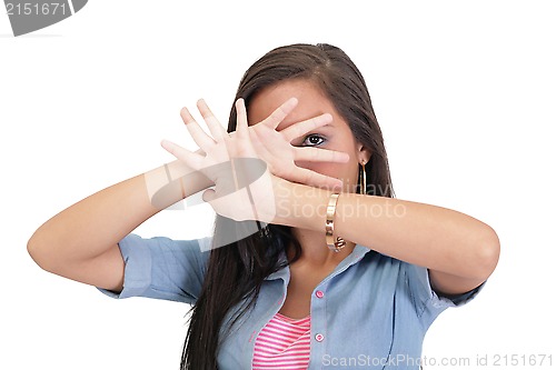 Image of Confident woman making stop gesture sing with hand 