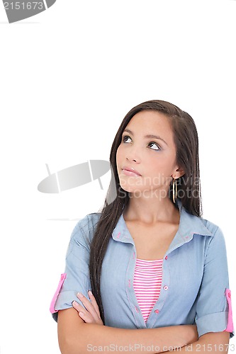 Image of Thoughtful and worried woman looking up, isolated over a white b