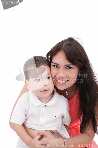 Image of Happy young mother and her son posing together. Isolated over wh
