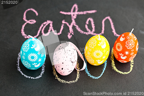 Image of Colorful Easter egg shaped candles and text